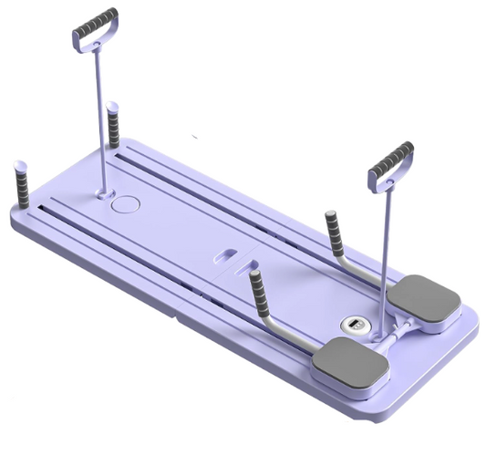 Woman using a foldable pilates reformer board at home as a space-saving alternative for a lean core workout in a small apartment